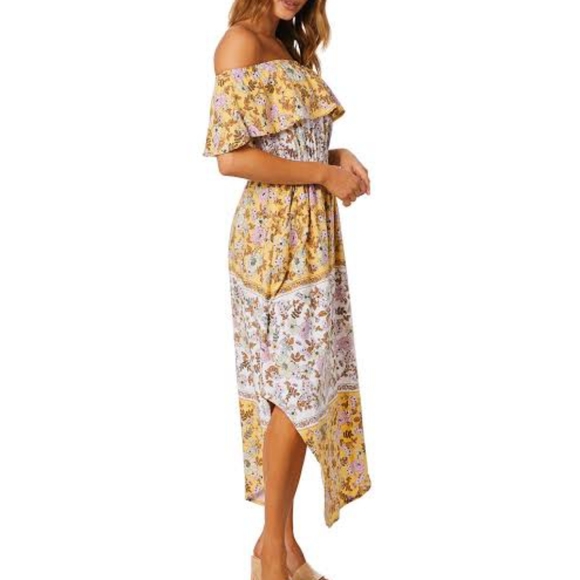 O’NEILL Ziggi Sunshine Yellow Boho Floral Boho Off The Shoulder Midi Dress NWT - Picture 11 of 14